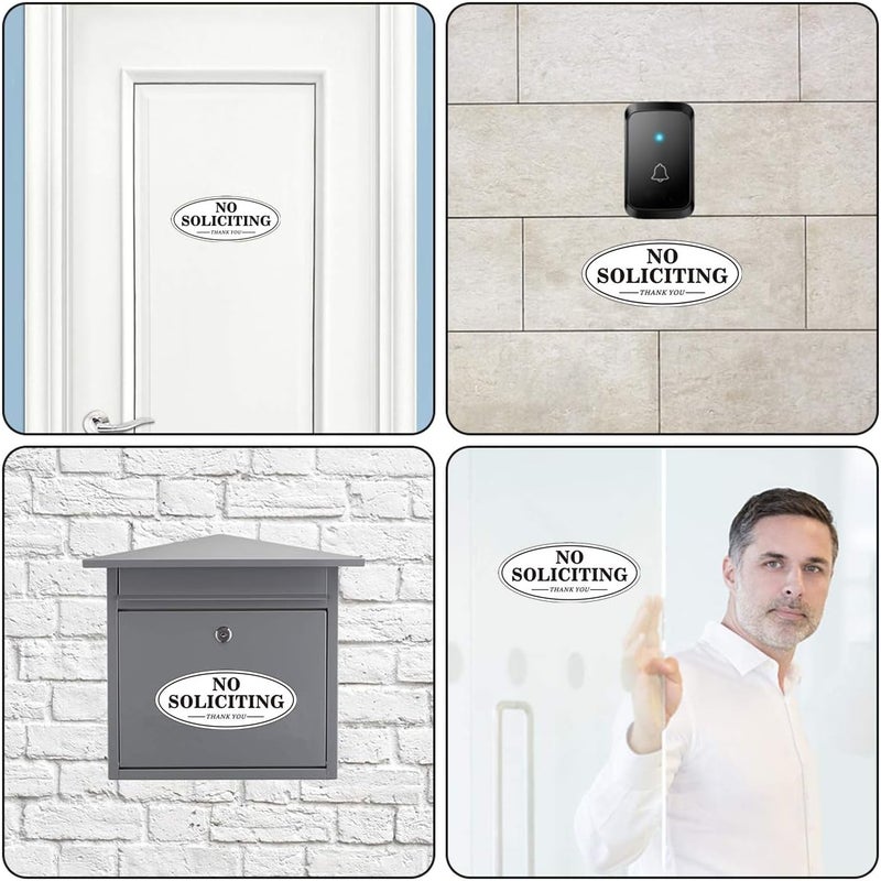 MongFun No Soliciting Sign for House Door, Self-adhesive 7" x 3" Metal Signs for Office Wall, Durable UV and Easy Mounting, Oval Design with Black White Colors (2 Pack WHITE) - Image 3